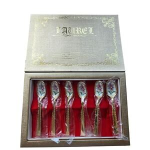 Laurel Cloisonne Ware Demitasse Spoon Set Floral Gold Tone 6 Pc Gift Box